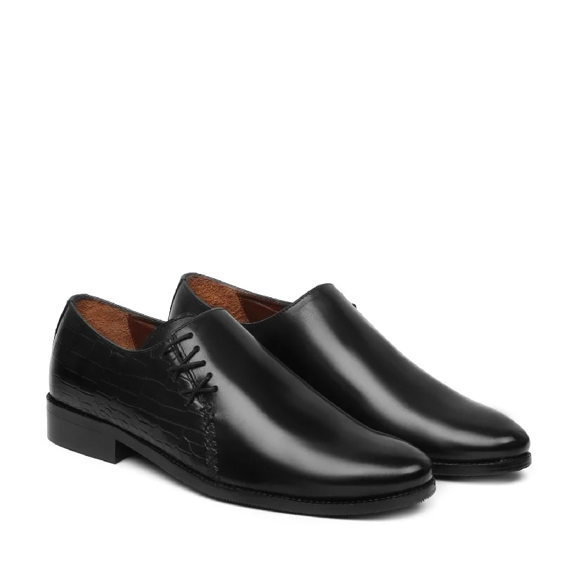 Men's Oxfords with a high - quality leather upperBlack Cross Stitched Side Lacing with Quarter Deep Cut Croco Leather Formal Shoes by Brune & Bareskin