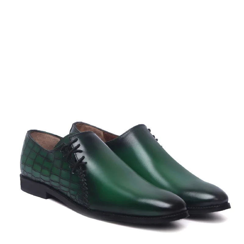 Men's Oxfords with a lace - up closure and a narrow fitBurnished Green Cross Stitched Side Lacing with Quarter Smokey Croco Leather Shoes by Brune & Bareskin