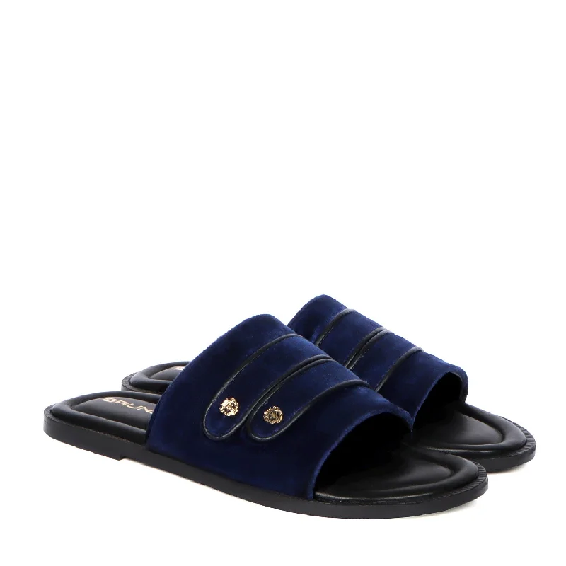 Men's slippers with a stretchy side panel for a better fitWelt Slide in Slippers with Blue Italian Velvet Two Strapped