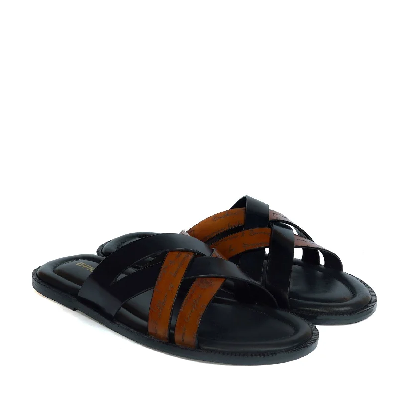 Men's plush slippers with a faux fur liningWelt Slide In Slippers with Laser Engraved Tan And Black Intertwined Thin Straps Leather
