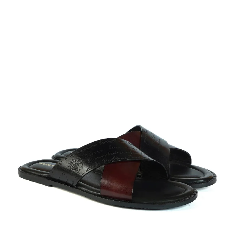 Men's slippers with a memory foam insoleDouble Strapped Welt Slide-in Slipper with Laser Engraved Crossover Black & Brown Leather