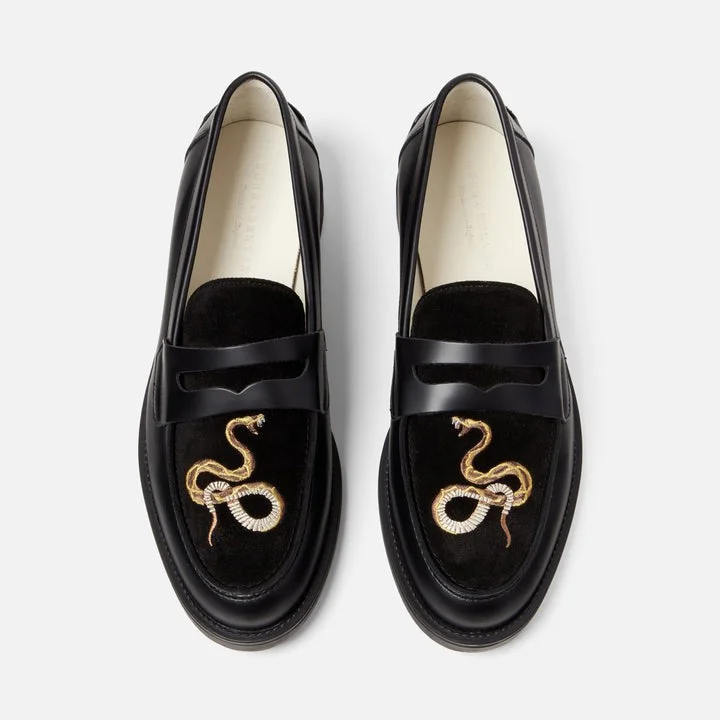 Men's loafers with a perforated leather upper for ventilationWilde Snake Embroidered Penny Loafer - Men's
