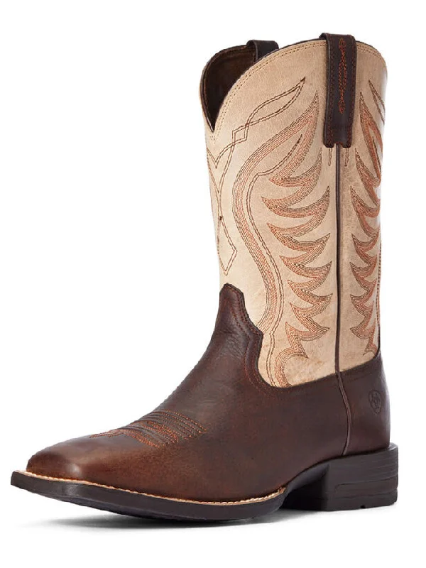 Men's cowboy boots with a decorative inlayAriat 10034045 Mens Amos Wide Square Toe Western Boot Barley Brown