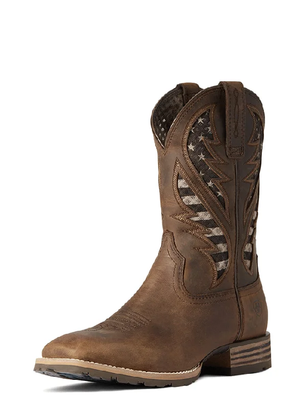 Men's cowboy boots in a dark brown leatherAriat 10038340 Mens Hybrid VentTEK Western Boot American Flag Distressed Brown