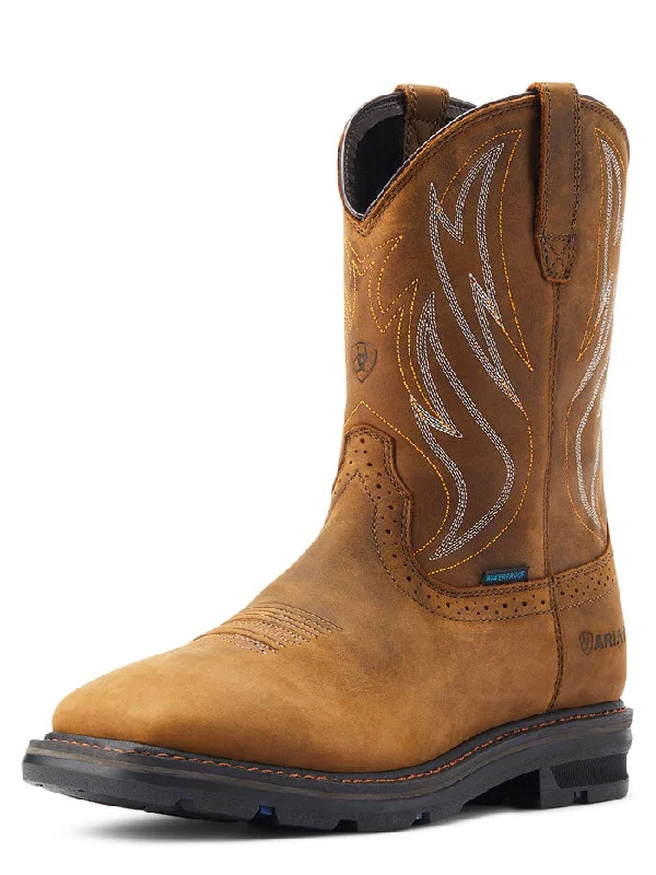 Men's cowboy boots with a rubber sole for tractionAriat 10044545 Mens Sierra Shock Shield Waterproof Work Boot Distressed Brown