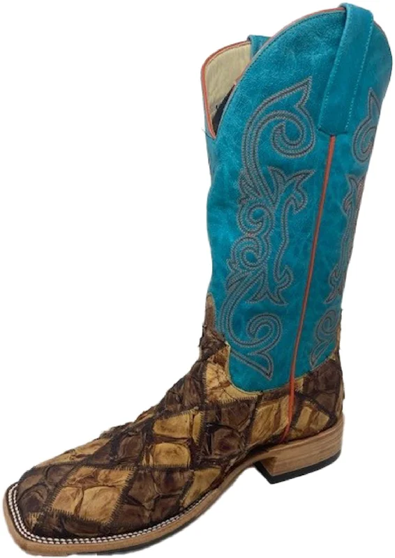 Men's cowboy boots with a heel guardHorse Power Mens Patchwork Bass Cigar/Turquoise Pirarucu Cowboy Boots