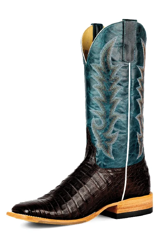 Vintage - style men's cowboy boots with a square toeHorse Power Mens Navy Explosion Chocolate Caiman Belly Cowboy Boots