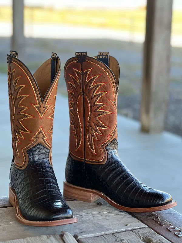 Men's cowboy boots with a decorative inlayHYER Boot Co. | Big Bow Black Belly Caiman Boot