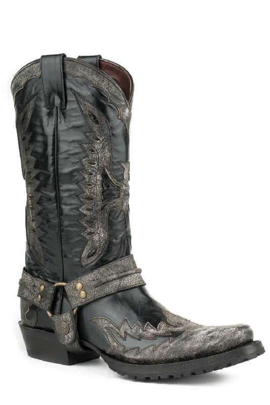 Men's cowboy boots with a leather sole for a classic lookStetson Mens Black Leather Outlaw Eagle Biker Cowboy Boots