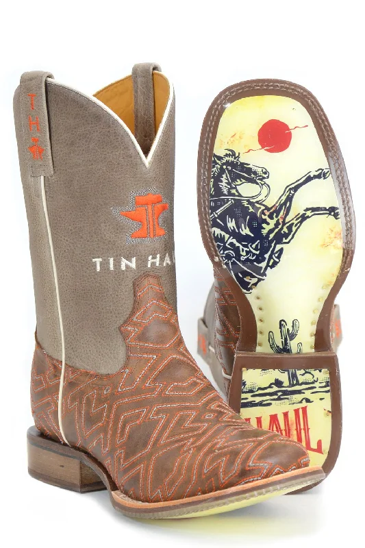 Men's cowboy boots with a heel guardTin Haul Mens Bucking Puzzle Brown Leather Cowboy Boots