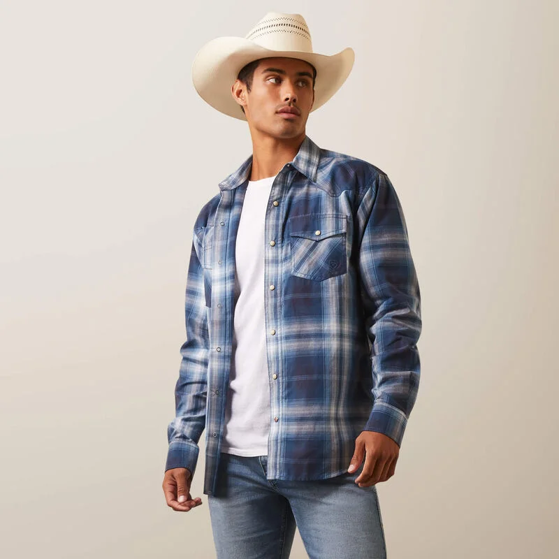 Men's western boots in a rich brown or black leatherAriat® Men's "Habel" Retro Snap Western Shirt - Dark Denim