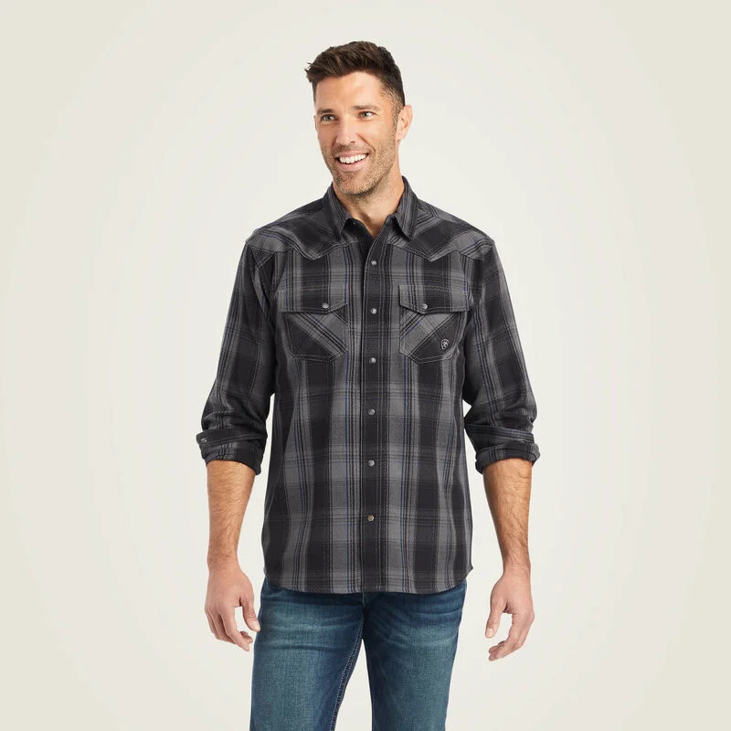 Men's western boots with a leather - wrapped heel and a smooth finishAriat® Men's "Herrold Retro" Snap Long Sleeve Western Shirt - Black Plaid
