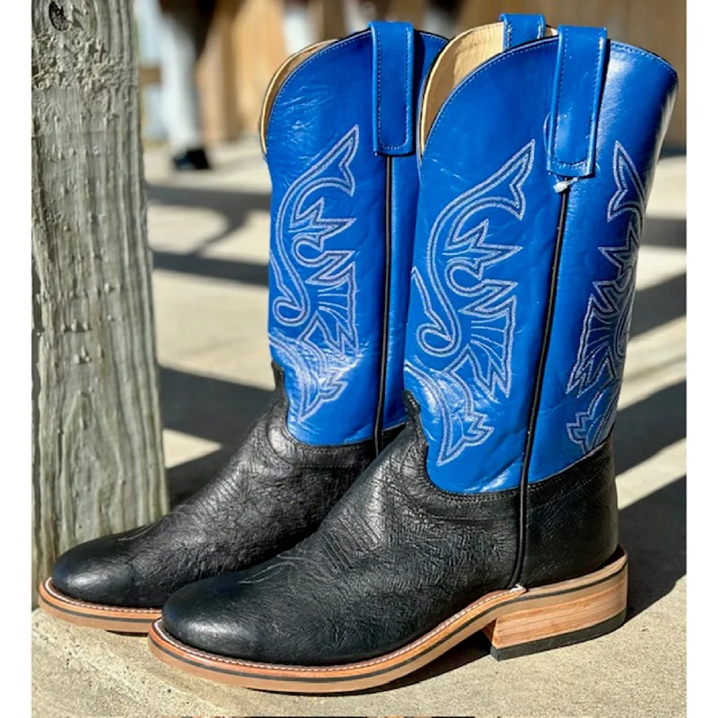 Men's western boots with a suede shaft and a leather soleOlathe Black & Nova Blue Smooth Ostrich Boots