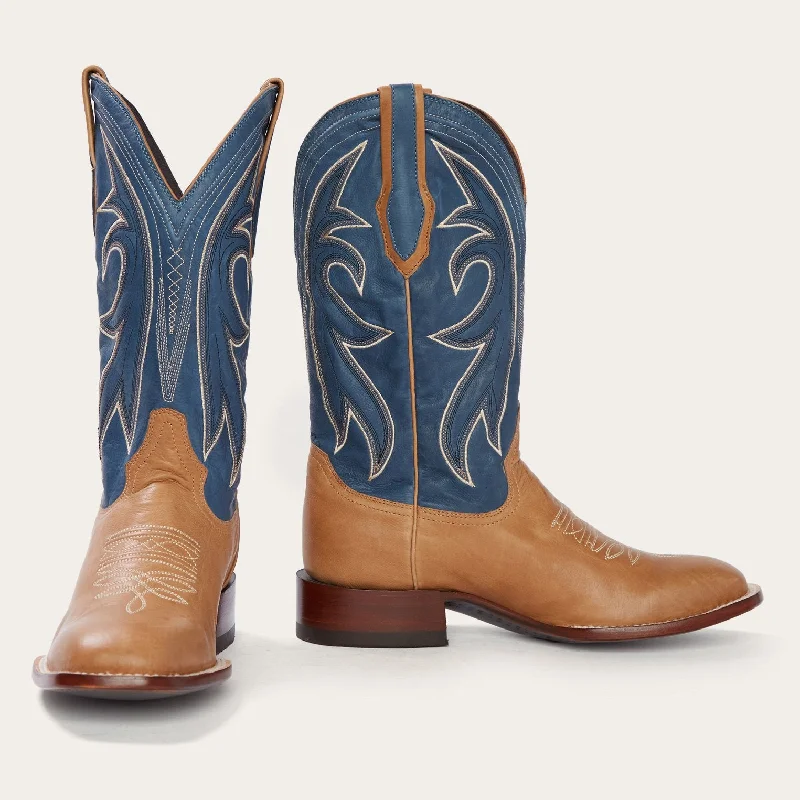 Vintage - style men's western boots with a square toe and spur ledgeCasper Tan & Blue Matte Cowboy Boot