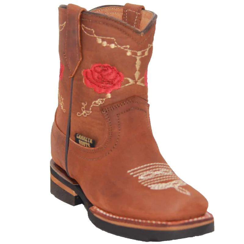 Men's western boots with a scalloped edge and a pull - on strapLittle Girls Rose Floral Embroidered Cowgirl Boot