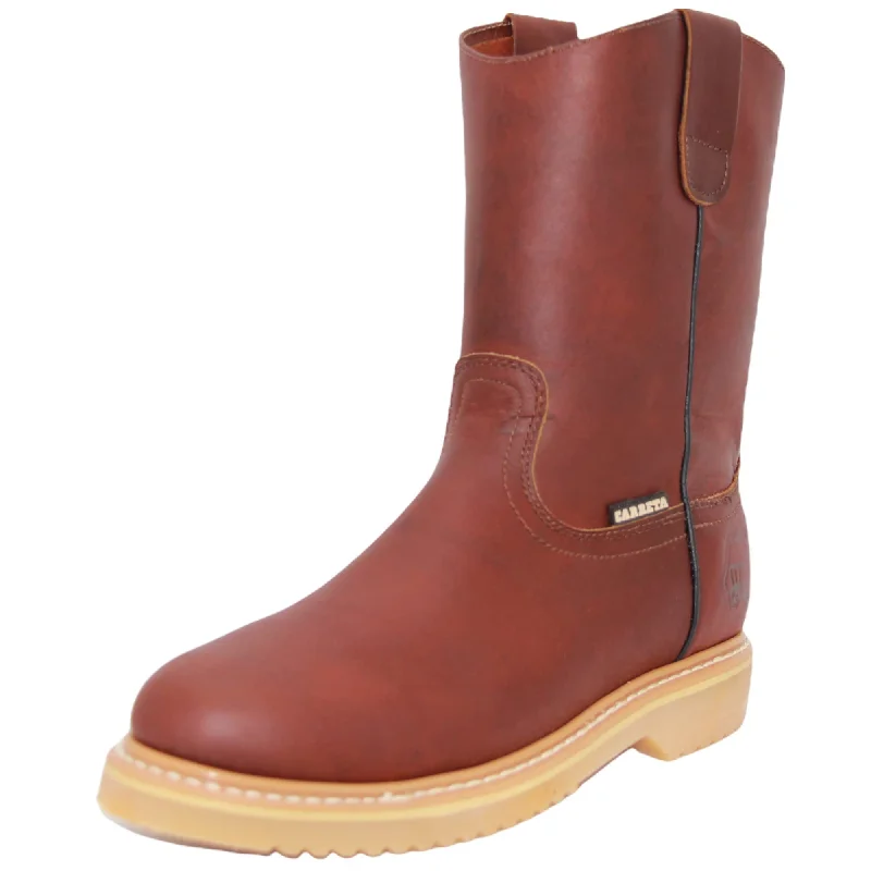 Men's western boots with a tooled leather design on the shaftMen's 9" Pull-On Leather Soft Toe Work Boot-305