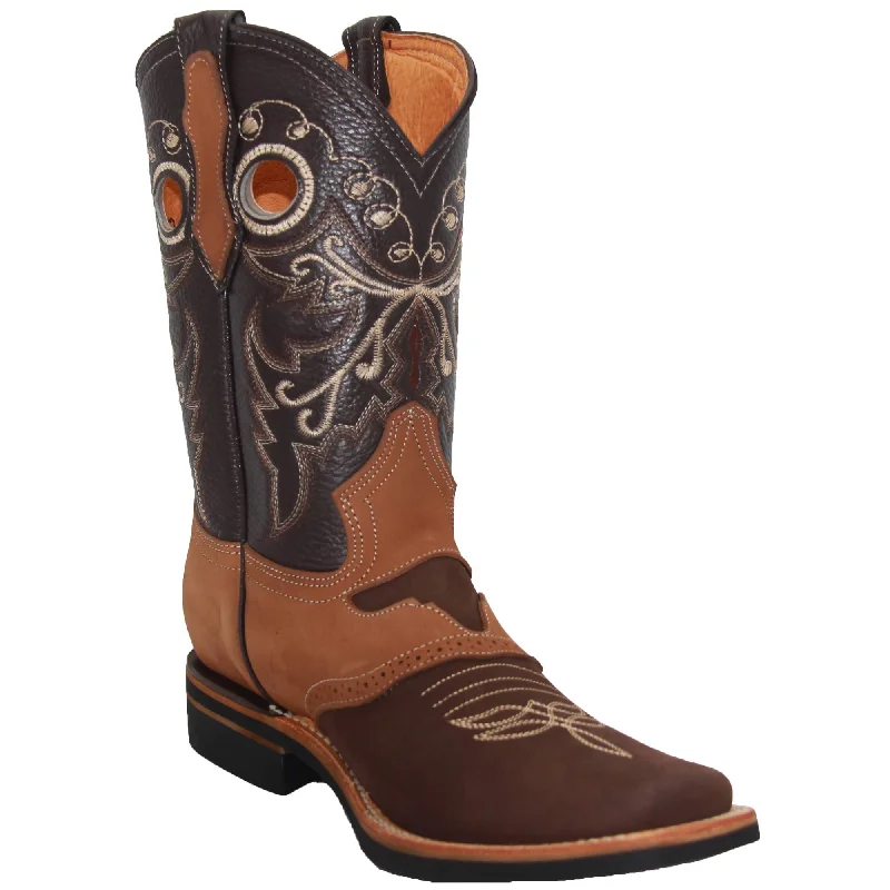 Men's western boots with a concho - studded strap and a pointed toeMen's Genuine Leather Square Toe Rodeo Cowboy Boot