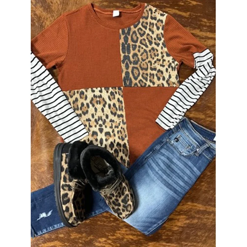 Men's western boots with a decorative concho belt and buckleYour Fashion Women's Rust & Leopard Block Long Sleeve Top