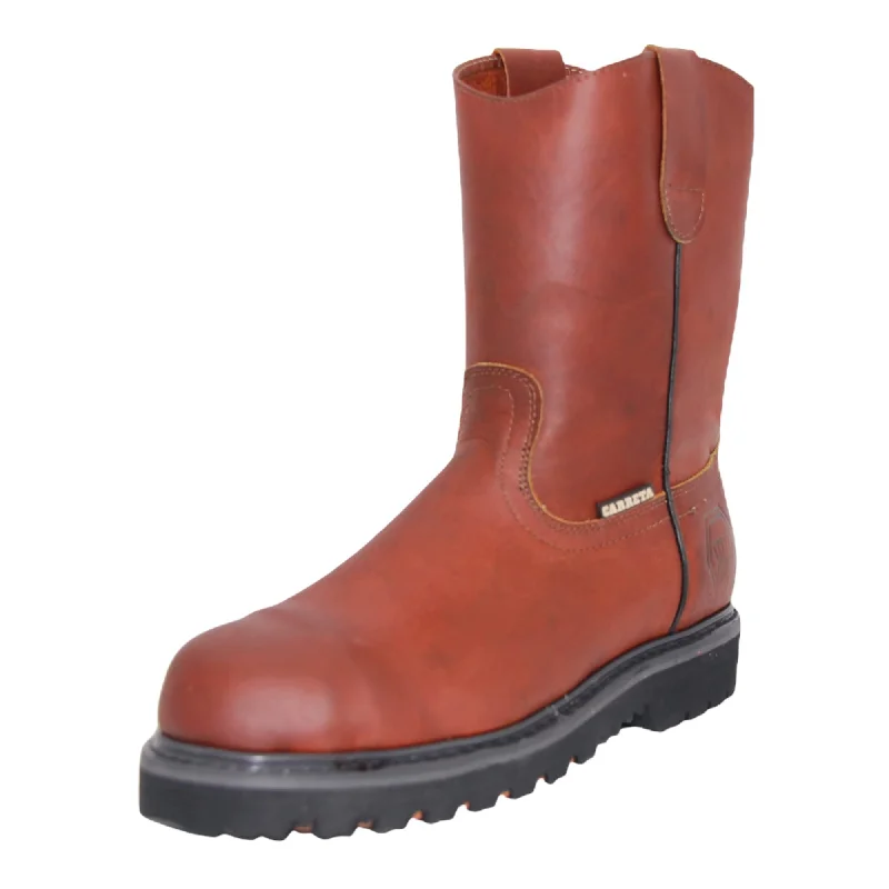 Western - style men's boots with intricate tooling and stitchingMen's 9" Pull-On Steel Toe Leather Work Boot-410
