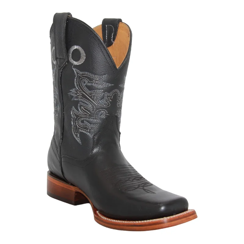 Men's western boots with a distressed leather finish for a rugged lookMen's Black Genuine Leather Square Toe Western Boot