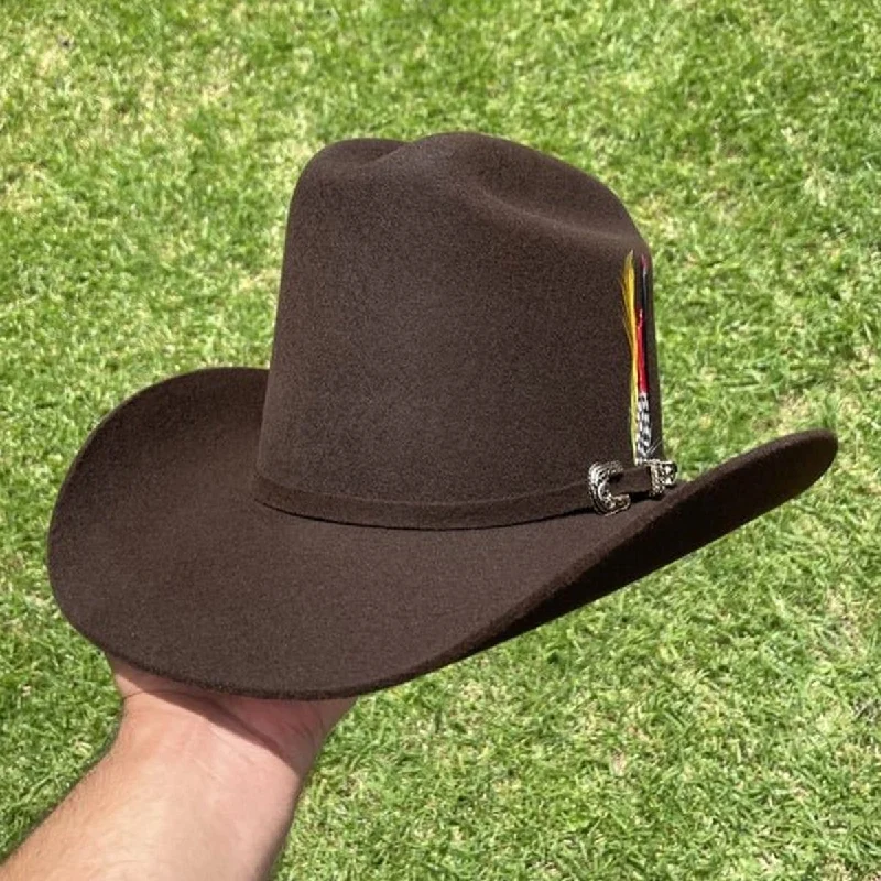 Men's western boots with a decorative inlay on the toe and heelTombstone 20X Cowboy Felt Hat Los Dos Carnales Shape Brown Chocolate TOM-2409C