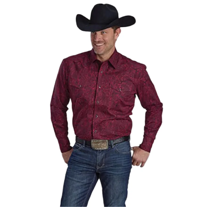 Men's western boots with a scalloped edge and a pull - on strapRoper Men's Amarillo Wine Paisley Print Long Sleeve