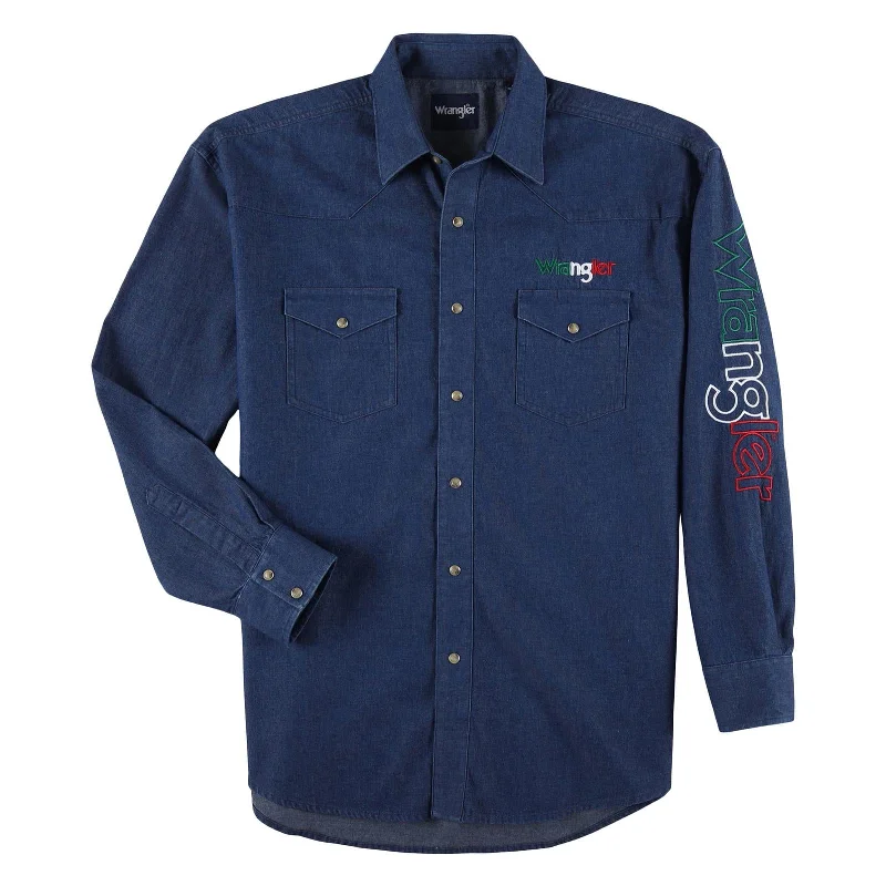 Men's genuine leather western boots with a snake - skin inlayWrangler® Logo Men's Long Sleeve Chambray Western Shirt