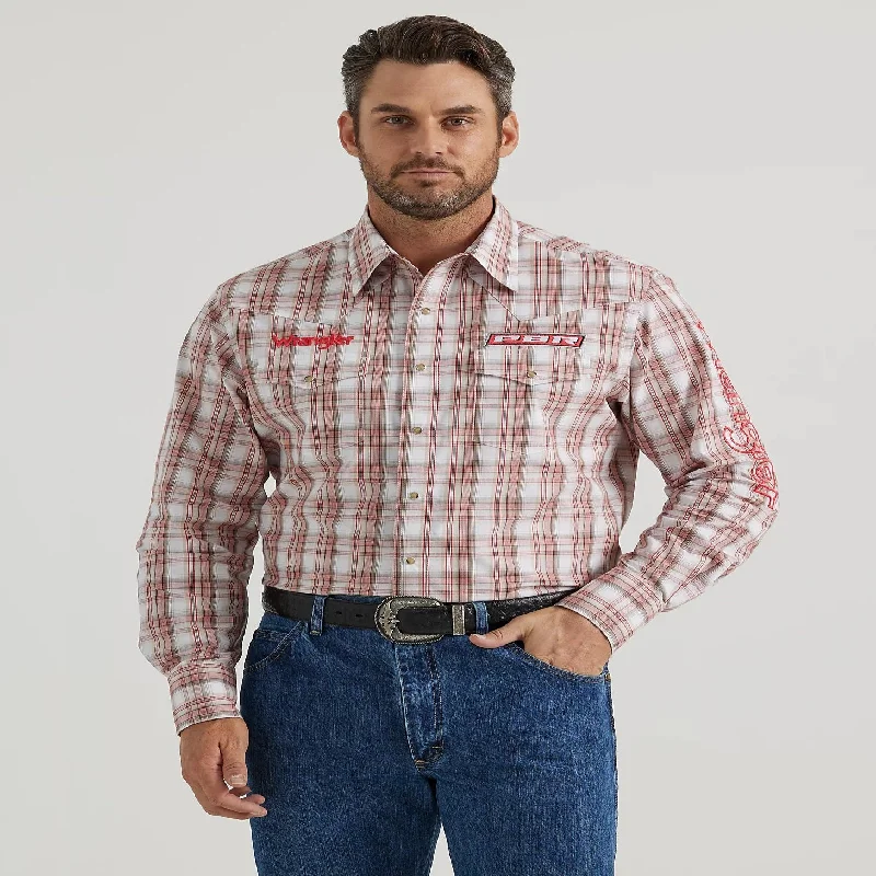 Men's western boots with a leather sole and a heel guardWrangler® PBR® Logo Long Sleeve Western Snap Shirt - Red Tan